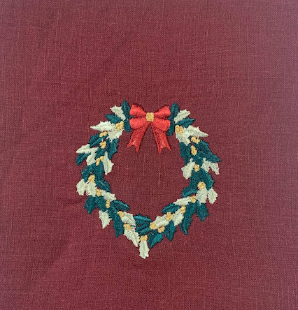 Christmas Embroidered Linen Tea Towel in Burgundy Main Image